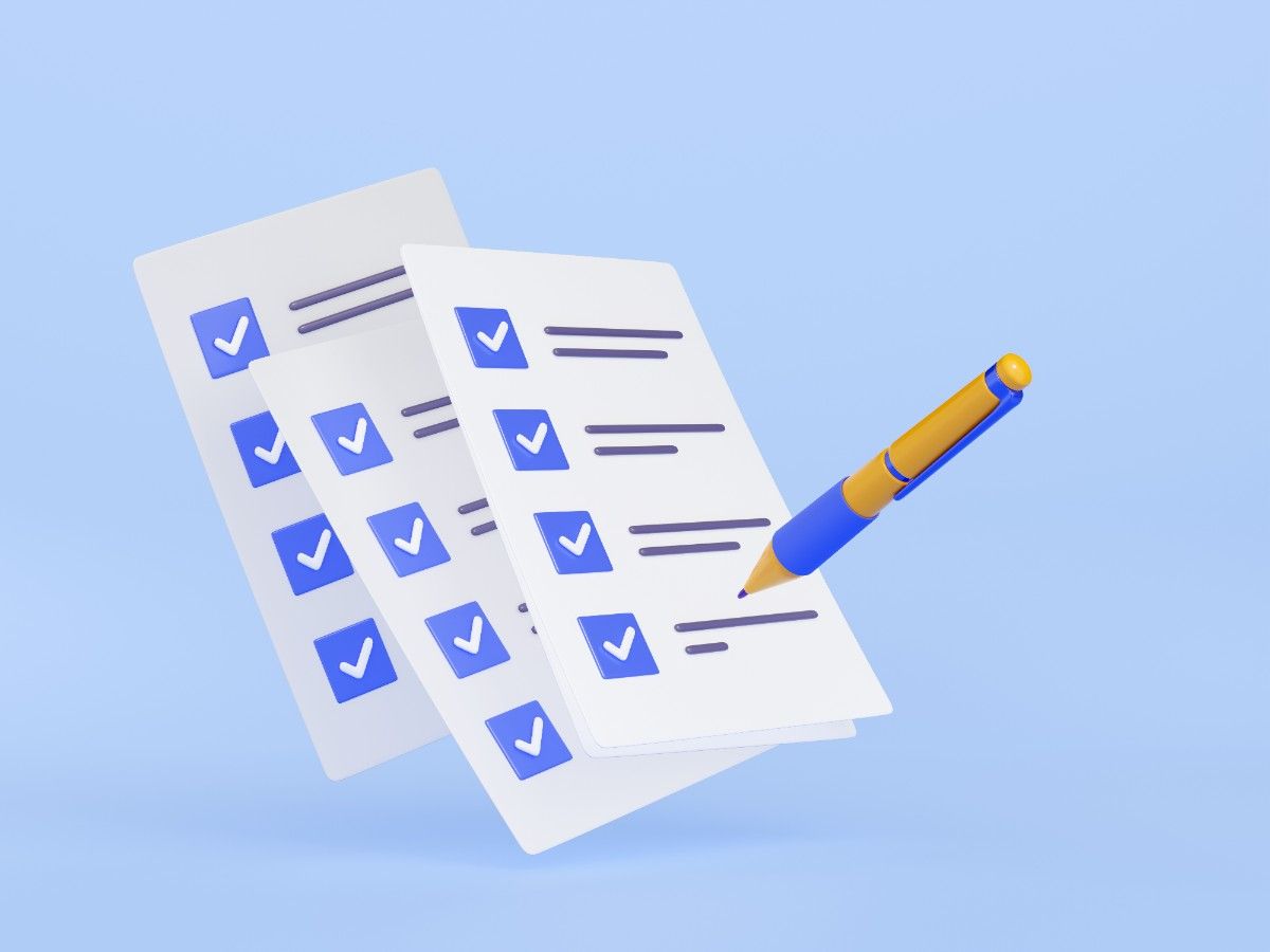 Floating checklists with blue checkboxes and a yellow-blue pen, symbolizing a to-do list.
