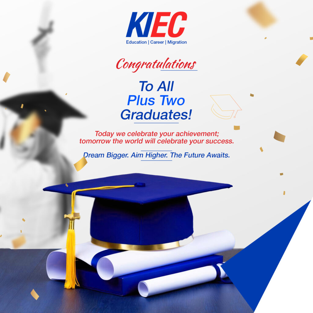 +2 | KIEC Graduate in cap and gown with stacked diplomas and confetti celebration imagery; festive graduation scene