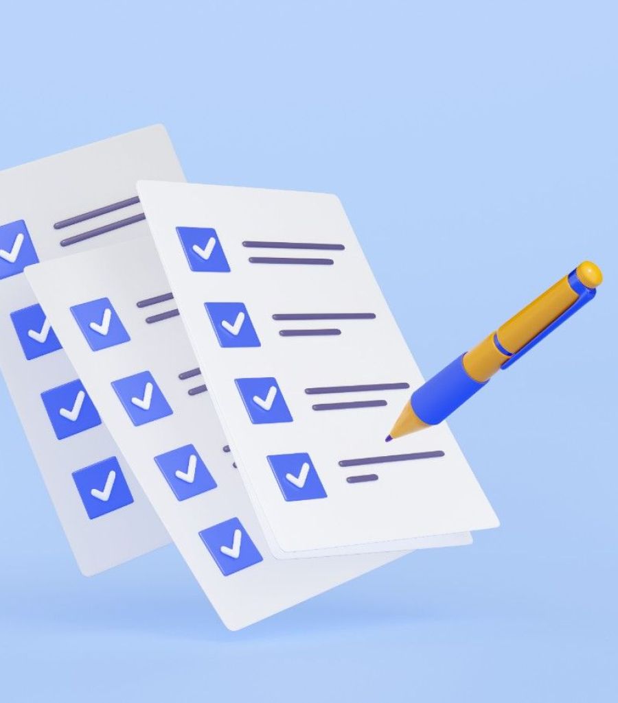 Floating checklists with blue checkboxes and a yellow-blue pen, symbolizing a to-do list.