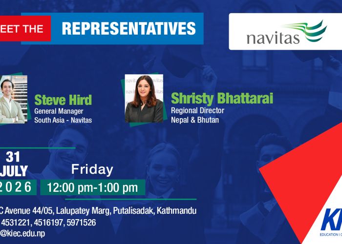 Banner announcing 'Meet the Representatives' with Navitas logo, blue background, and two speaker headshots (Steve Hird and Shristy Bhattarai) with titles.