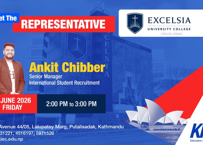 Poster advertising 'Meet The Representative' featuring Ankit Chibber of Excelsia University College and event details (date, time).