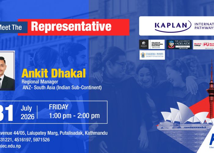 Poster for an event featuring Ankit Dhakal, Regional Manager ANZ‑South Asia; date July 31, 2026, 1:00–2:00 pm (Friday) at KIEC Kathmandu campus.