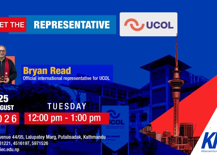 Poster announcing Bryan Read as UCOL's official international representative, featuring a photo of him holding a trophy and event details: 25 August 2026, Tuesday, 12:00 pm–1:00 pm at KIEC, Kathmandu.