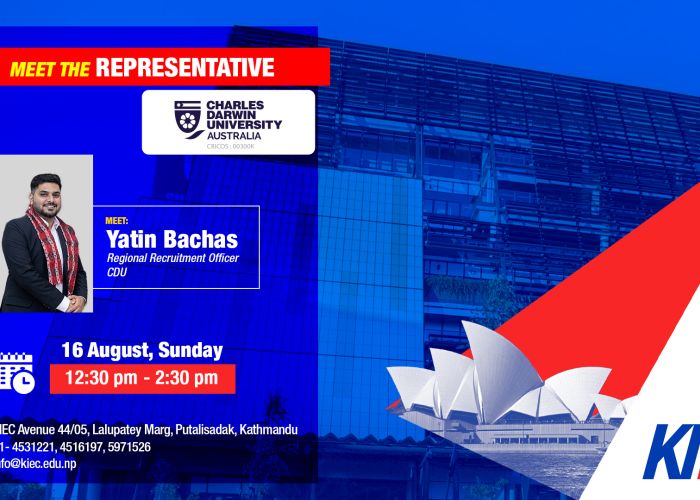 Poster announcing 'Meet the Representative' with Yatin Bachas (CDU Regional Recruitment Officer) and event details on a blue background.",