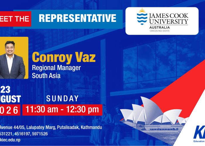 Poster introducing Conroy Vaz, Regional Manager South Asia, with James Cook University logo and event details without imagery.