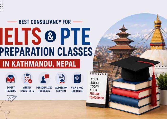 Advertisement for IELTS & PTE prep in Kathmandu, Nepal, featuring books with a graduation cap and icons for expert trainers, mock tests, personalized feedback, admissions, and visa guidance.