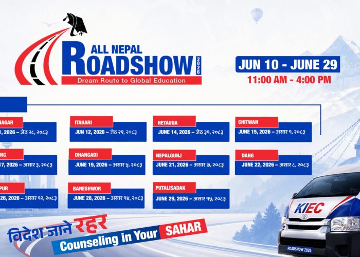 KEC Roadshow 2026 poster: schedule blocks list cities and dates with a blue/red color scheme, a tour bus on the right, and country signposts (Australia, Canada, UK, USA, Europe, New Zealand).