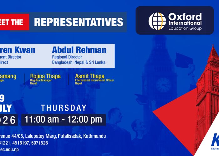 Poster announcing 'Meet the Representatives' for Oxford International Education Group, with names Warren Kwan and Abdul Rehman and event details (date, time, venue).