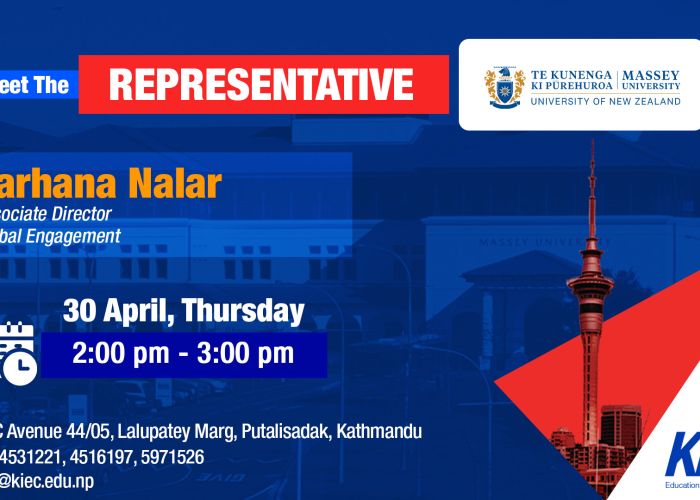 Poster for 'Meet The Representative' featuring Farhana Nalar, Associate Director, Global Engagement, with university logos and blue background.