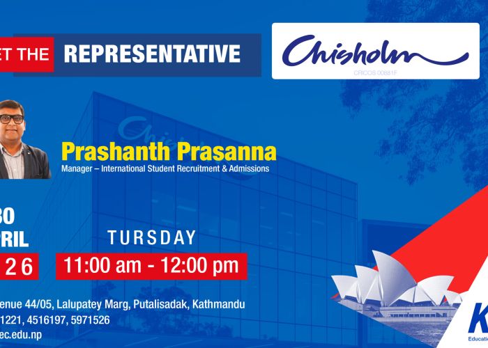 Meet the Representative: Prashanth Prasanna, Manager – International Student Recruitment & Admissions, with Chisholm logo on blue banner.