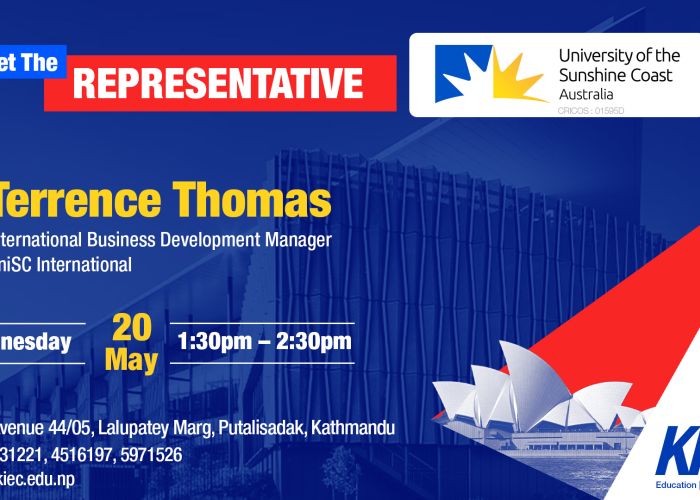 Poster for Terence Thomas visit: 'Meet The Representative' with date Wed 20 May, 1:30pm–2:30pm at KIEC (Kathmandu) and branding elements in blue/red.