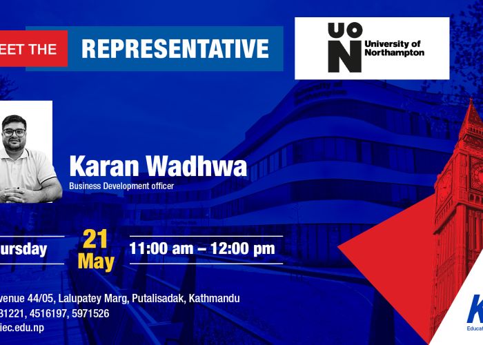 Poster for 'Meet the Representative' featuring Karan Wachhwa, Business Development Officer, at KIEC/Kathmandu; Thursday, 21 May, 11:00 am–12:00 pm.