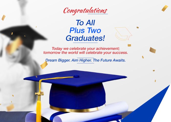 Graduate in cap and gown with stacked diplomas and confetti celebration imagery; festive graduation scene