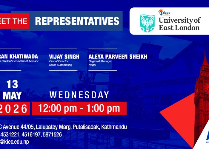 Poster for 'Meet the Representatives' with three speakers (Kiran Khatiwada; Vijay Singh; Aleya Parveen Sheikh) and event details: 13 May 2026, 12:00–1:00 pm, KEC address, University of East London branding.
