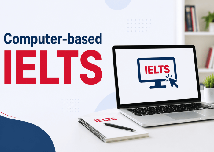 Banner advertising 'Computer-based IELTS' with a laptop displaying an IELTS icon on a clean desk