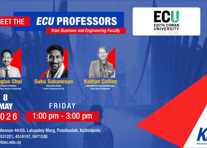 Poster for 'Meet the ECU Professors' featuring portraits of Douglas Chai, Suku Sukunesan, and Kaitlyn Collins with their titles and event details on a blue-red design.