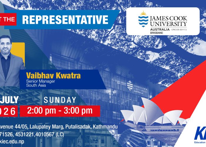 Banner for James Cook University event: Meet the Representative Vaibhav Kwatra, Senior Manager, South Asia; 12 July 2026, 2:00–3:00 pm.