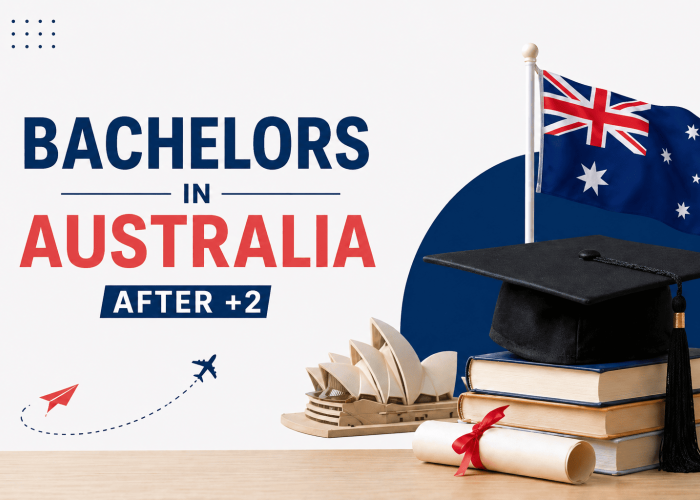 Promotional banner for studying a bachelor's in Australia after +2, featuring bold text and a graduation cap, flag, and diplomas.