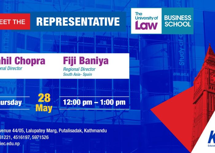 Event poster: 'Meet the Representative' with Sahil Chopra and Fiji Baniya, date Thursday 28 May, 12:00–1:00 pm, at KIEC.