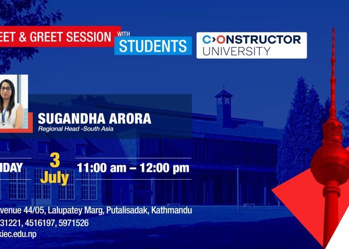 Event poster for Meet & Greet Session with Students, featuring Sugandha Arora and KIEC branding on a blue background.