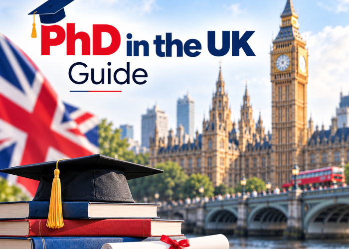 PhD in the UK Guide cover featuring a graduation cap, diploma, and stacked books with London landmarks in the background.
