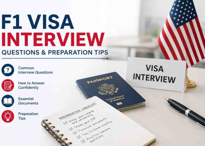 F1 visa interview prep: passport, checklist, and a US flag on a desk with the words 'F1 Visa Interview' and 'Questions & Preparation Tips' on the left panel