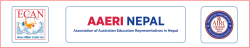 Three-panel banner: left ECAN emblem, center AAERI NEPAL with subtitle, right AIRC circular seal on white background with blue borders.