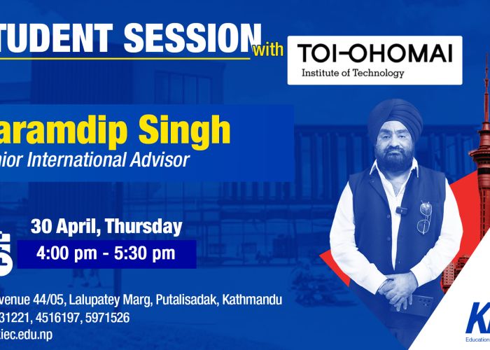 Poster advertising a student session with Paramdip Singh, Senior International Advisor, including date, time, and venue details in Kathmandu.