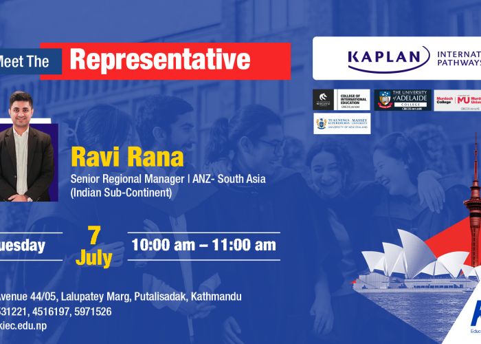 Poster announcing Ravi Rana, Senior Regional Manager for ANZ-South Asia, speaking Tue 7 July, 10:00–11:00 am at KIEC Kathmandu.