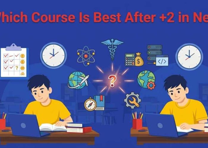 Promotional illustration about choosing courses after +2 in Nepal, showing two students studying with icons (globe, clock, books) and a bold title invitation at top.