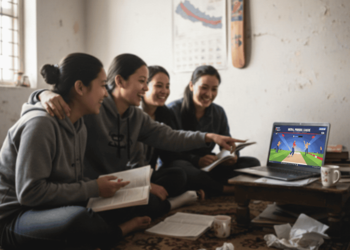 Nepali students studying together while watching Nepal Premier League match on laptop, and maintaining discipline with sports, NPL 2025 and NPL sports
