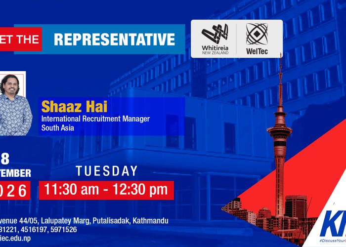 Poster introducing Shaaz Hai, International Recruitment Manager—South Asia—with event date and time details.