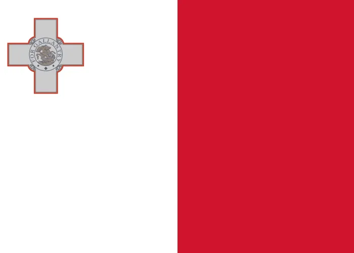 Flag with white left half and red right half, displaying a gray-outlined cross emblem containing a circular 'FOR GALLANTRY' medal on the left side