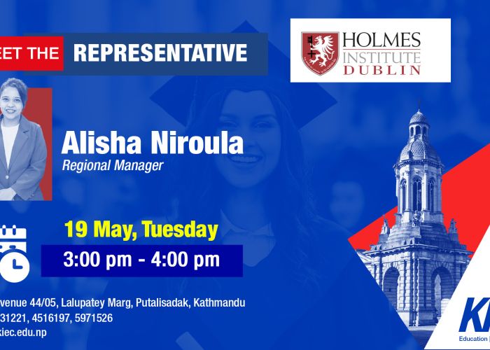 Banner announcing 'Meet the Representative' with a headshot and the name Alisha Niroula, Regional Manager, for KIEC (blue and red design).