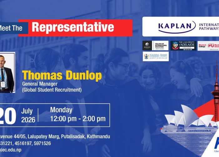 Event poster: Meet The Representative featuring Thomas Dunlop, General Manager (Global Student Recruitment). Date: 20 July 2026, at KIEC.