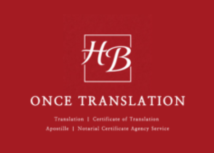 HB Once Translation logo on a red background with the words 'Once Translation' and service lines (Translation, Certificate of Translation, Apostille, Notarial Certificate Agency Service).